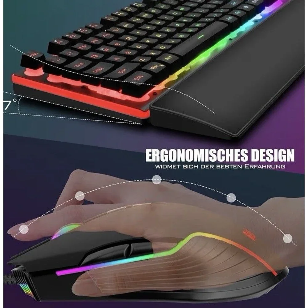 RedThunder K10 Wired Gaming Keyboard and Mouse and Wrist Rest Combo, RGB Backlit